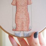 Woman Standing in a Dusty Rose Dress - Hand Embroidered Art