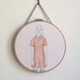 Woman Standing in a Dusty Rose Dress - Hand Embroidered Art