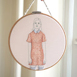 Woman Standing in a Dusty Rose Dress - Hand Embroidered Art