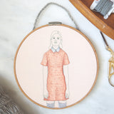 Woman Standing in a Dusty Rose Dress - Hand Embroidered Art