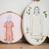 Woman Standing in a Dusty Rose Dress - Hand Embroidered Art